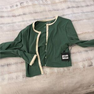 SET ACTIVE: Green Cardigan with Cream Trim